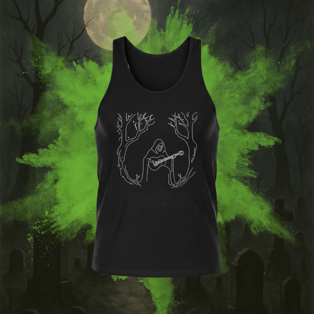 Black tank top with a white graphic design on a dark, eerie background with a full moon and green smoke.