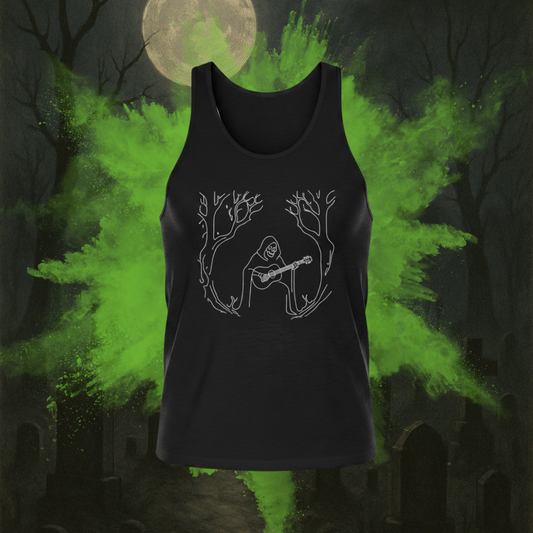 Black tank top with a white graphic design on a dark, eerie background with a full moon and green smoke.